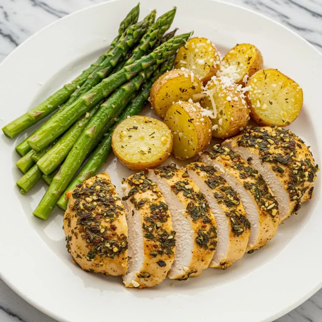 Baked chicken with seasoned herb potato wedge and asparagus