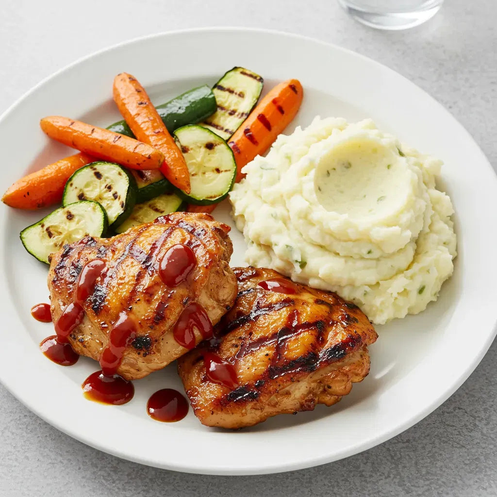 BBQ chicken with mashed potatoes and mixed vegetables