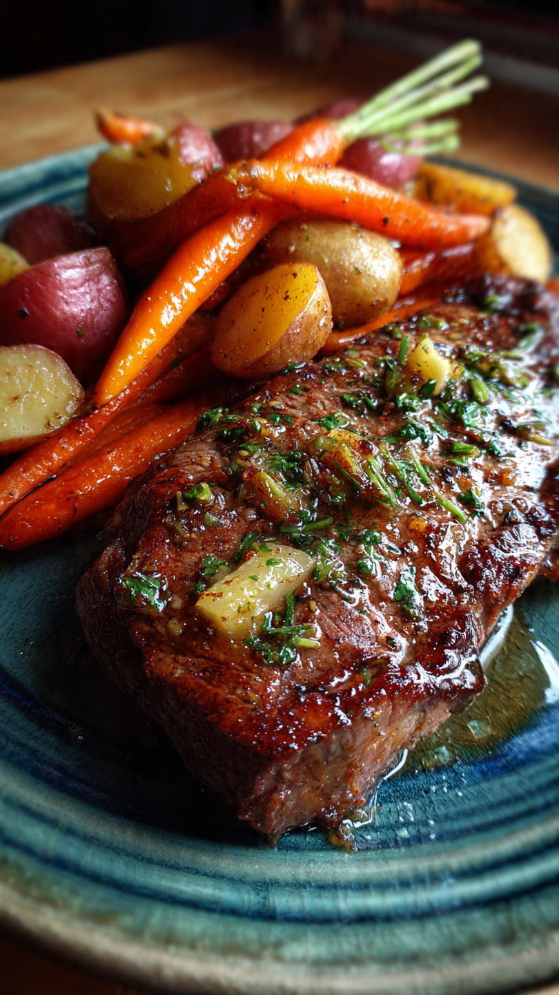 Herb flavored sirloin steak with red potatoes and carrots