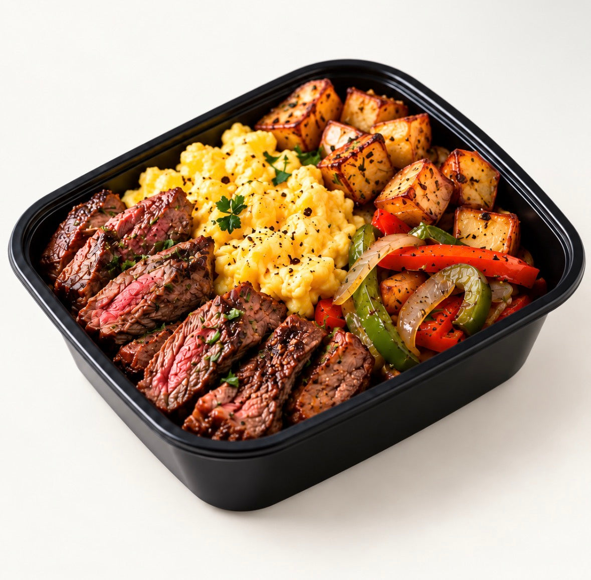 Steak, scrambled egg, red peppers and potatoes