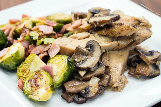 Chili lime chicken with grilled portabella mushroom and brussel sprouts