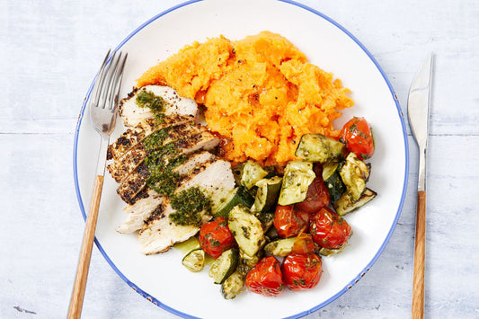Baked chicken with mashed sweet potato and mixed vegetables