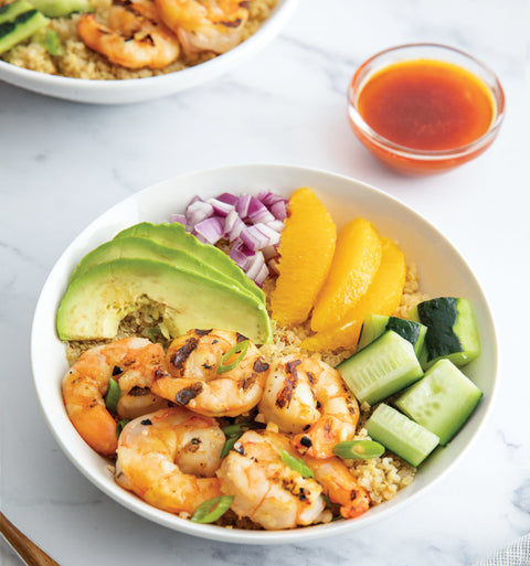 Citrus Shrimp Avocado Quinoa Bowl with Avocado Dressing