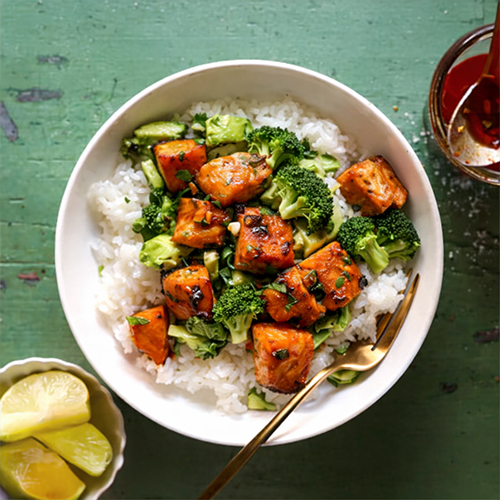 Chipotle Avocado Ranch Bites with Rice and Broccoli