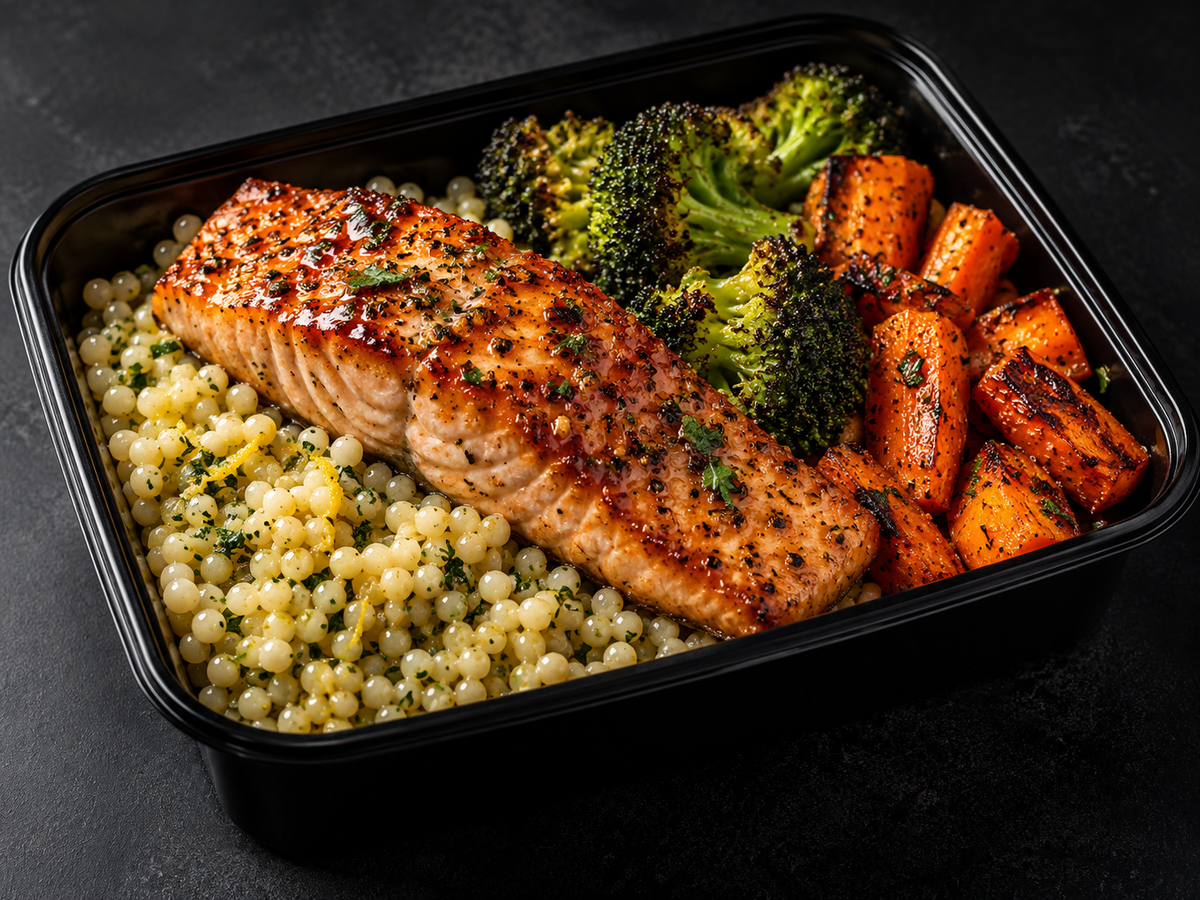 Honey garlic salmon pair Lemon herb pearl couscous