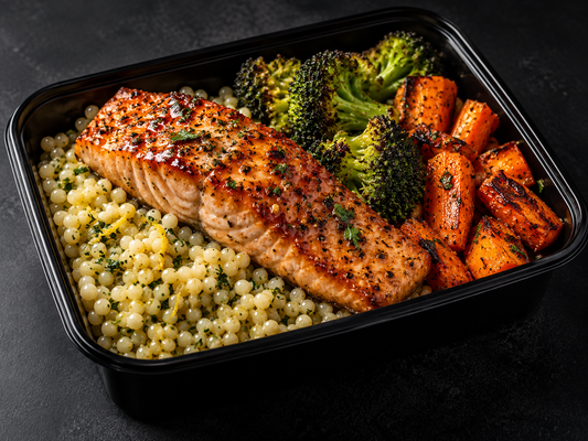 Honey garlic salmon paired with Lemon herb pearl couscous