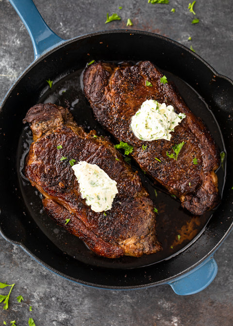 Pan Seared Butter Garlic steak with Mashed Potatoes and Asparagus