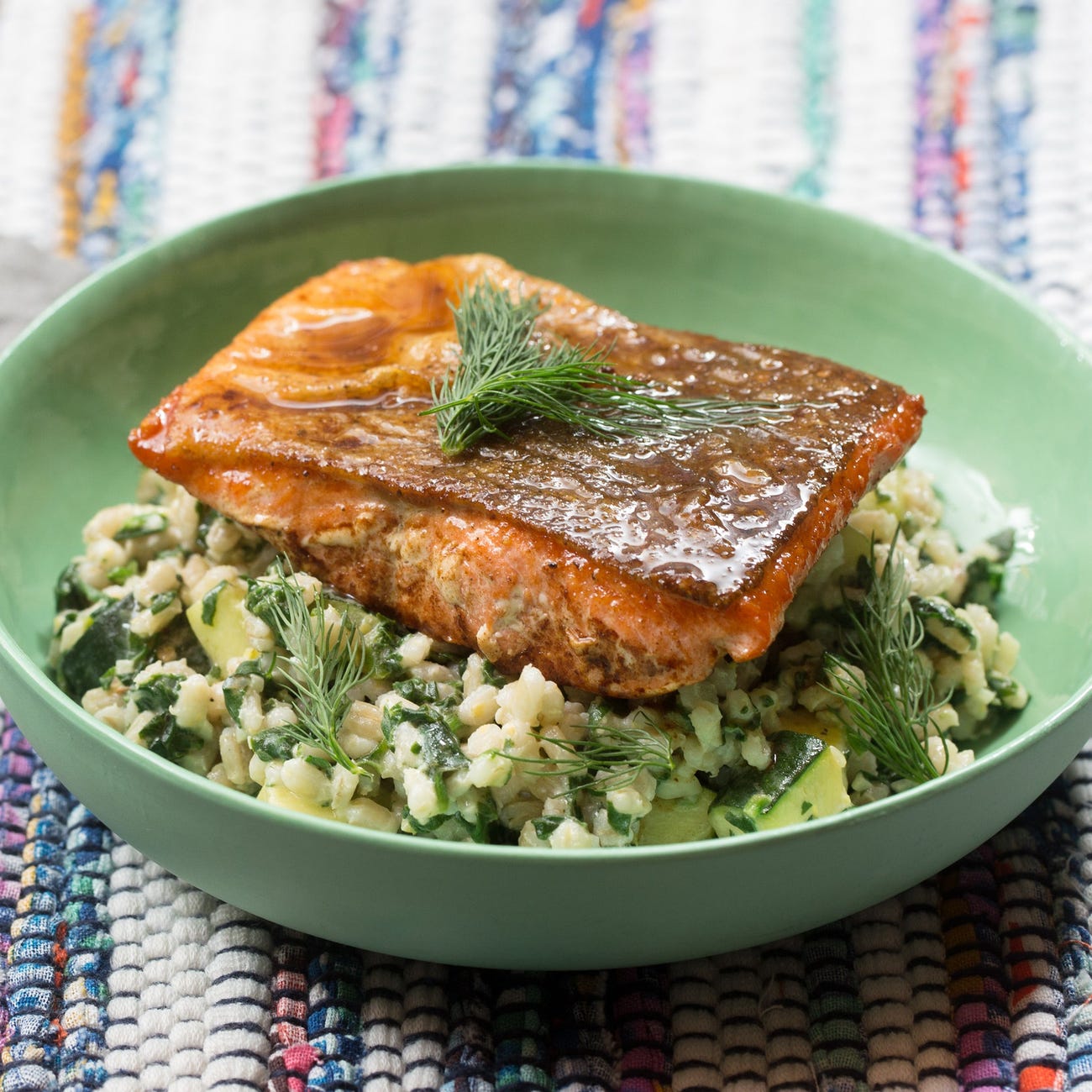 Salmon with vegetable barley