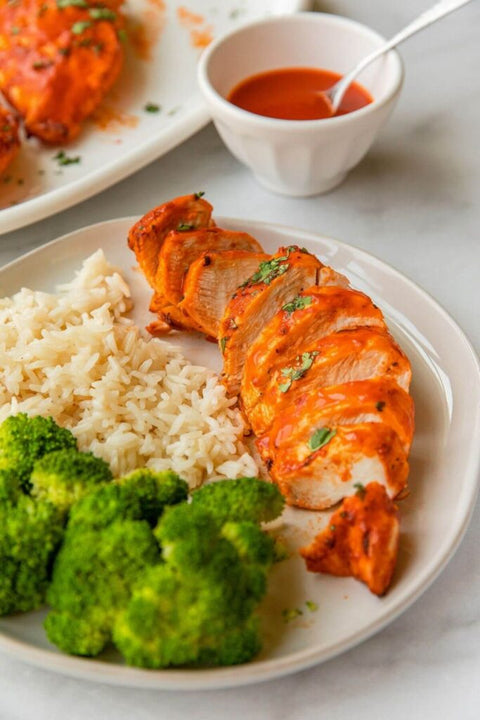 Buffalo Chicken Bites with White rice and Broccoli