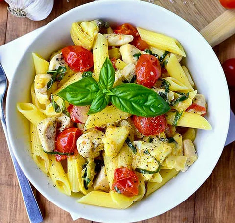 Grilled chicken with vegetables with gluten free pasta