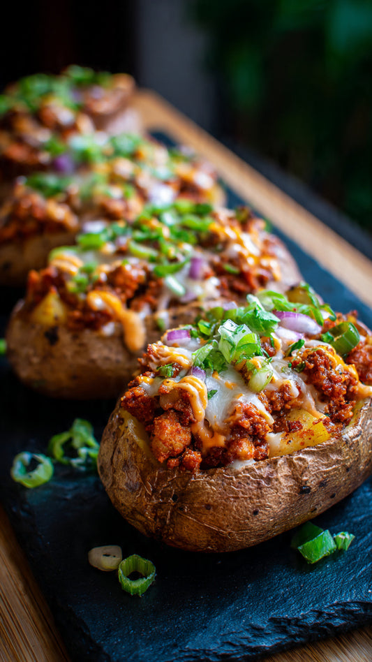 Stuffed baked potato (ground beef, onion, bell peppers) served with asparagus and spicy avocado sauce