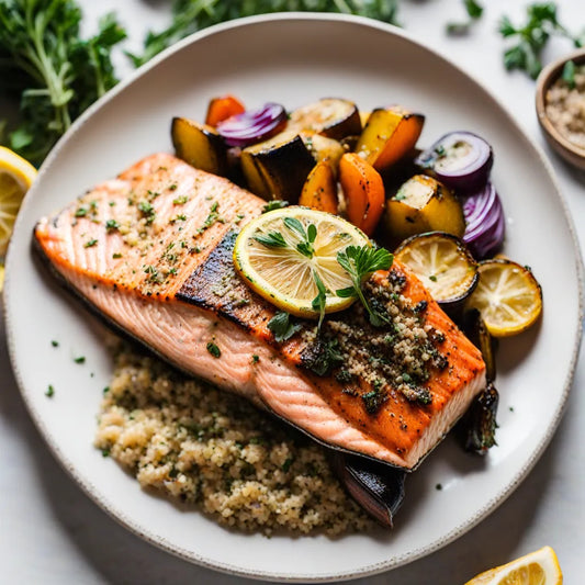 Lemon pepper salmon with quinoa and baked veggies
