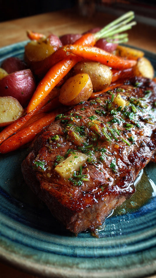 Herb flavored sirloin steak with red potatoes and carrots
