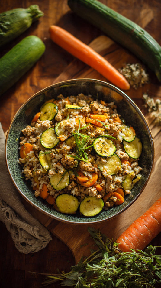Turkey chop meat with zucchini and carrots over brown rice